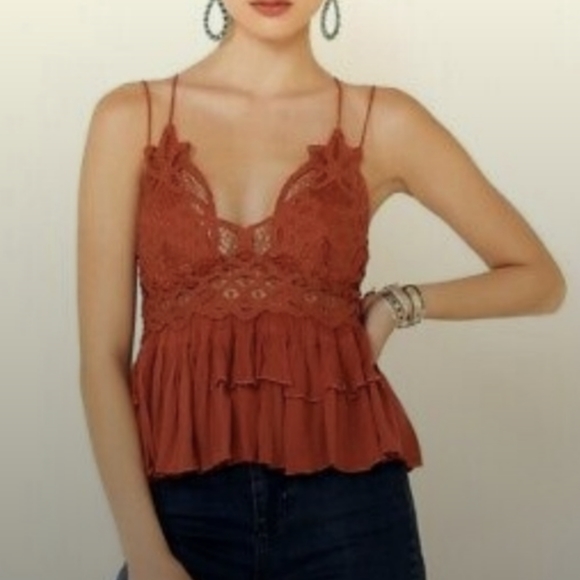 Free People Adella Crochet Lace Ruffled Cami Spaghetti Strap Tank - Picture 2 of 2